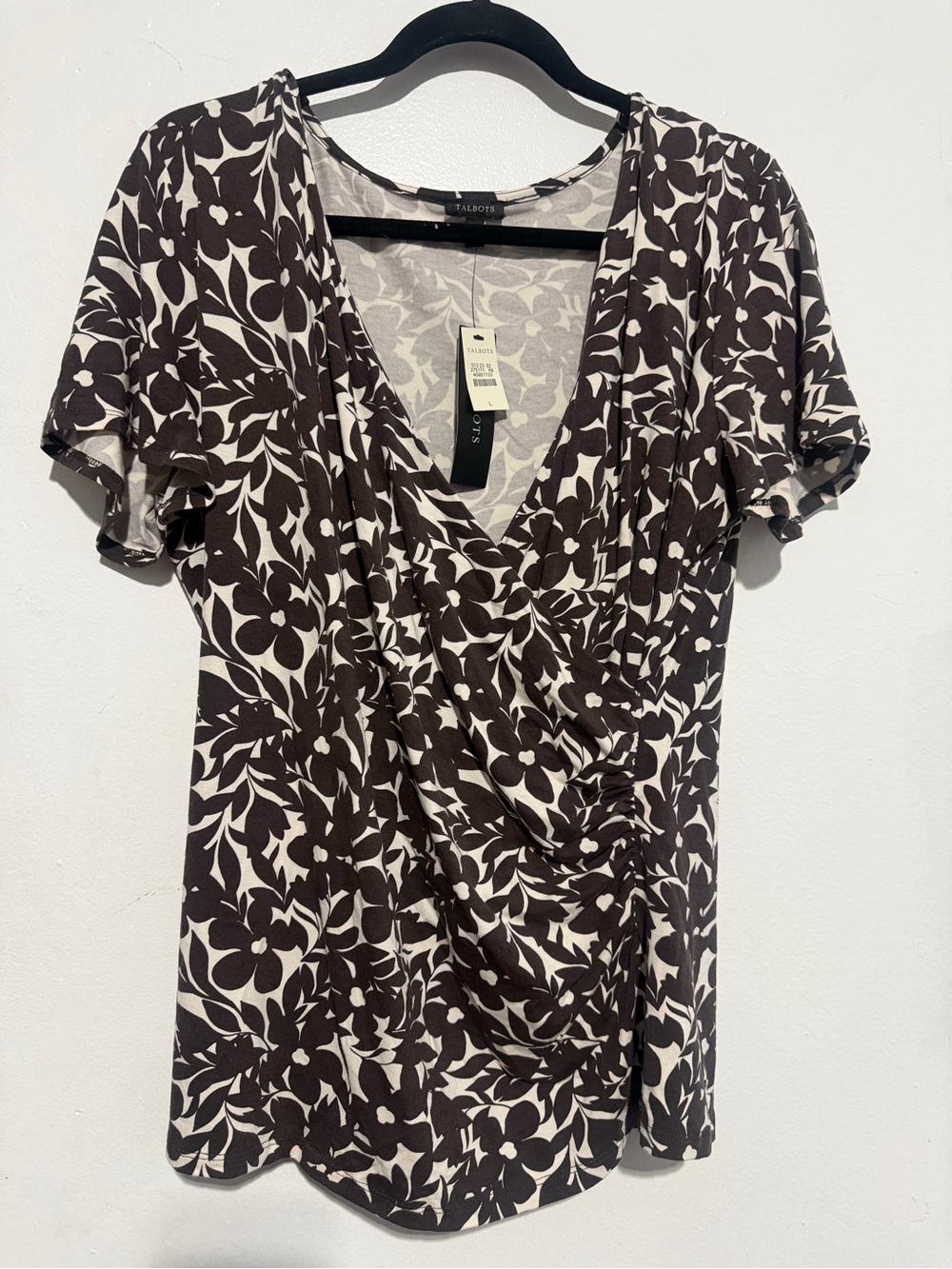 Talbots Floral Ruched Faux Wrap Top Brown Ivory Size L NWT